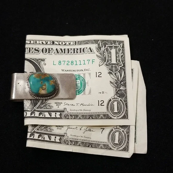 Navajo Old Pawn Sterling and Turquoise Money Clip. - Picture 2 of 4